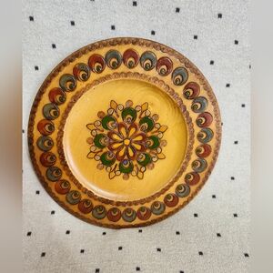 Polish Wood Plate Pyrography 9.25” Folk Art Floral Theme Vintage Slavic Art